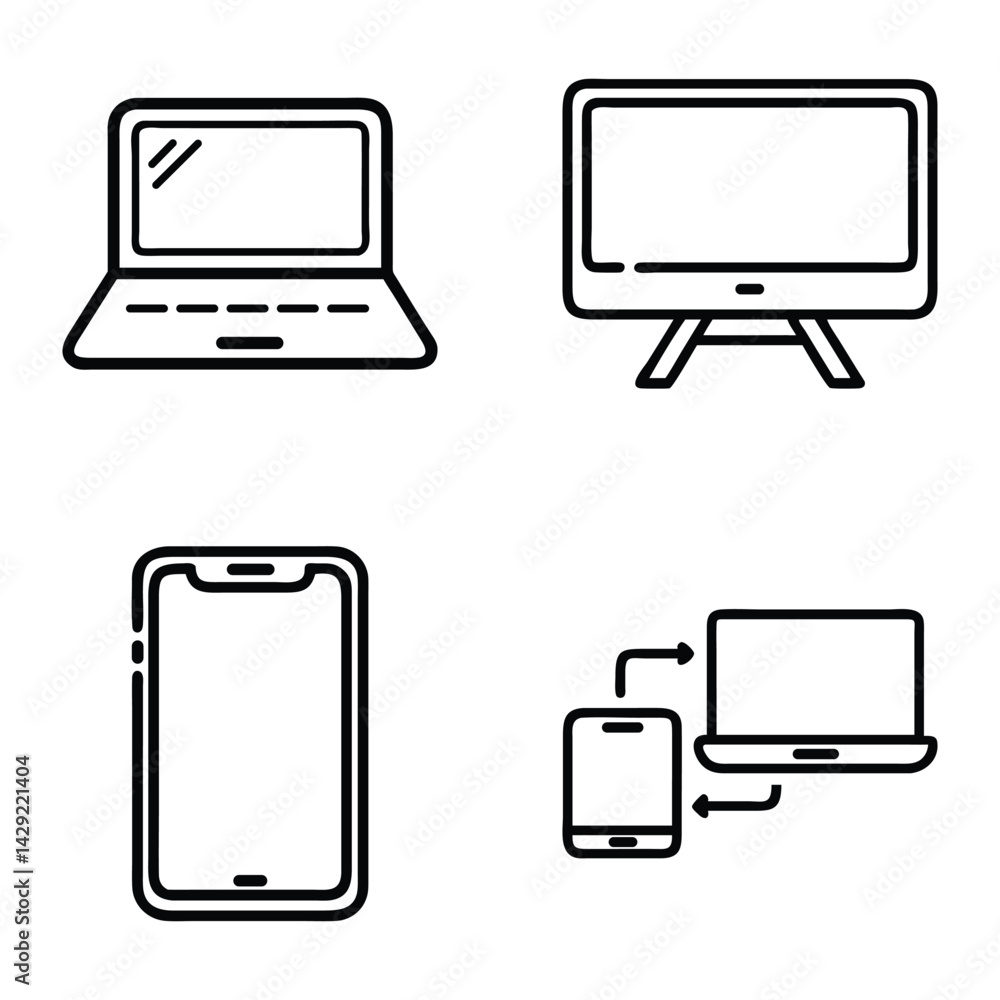 Icons Representing Modern Digital Devices Laptop, Desktop Monitor, Smartphone, and Data Transfer in Minimalist Black-and-White Design Icons Representing Modern Digital Devices Laptop, Desktop Monitor, Smartphone, and Data Transfer in Minimalist Black-and-White Design