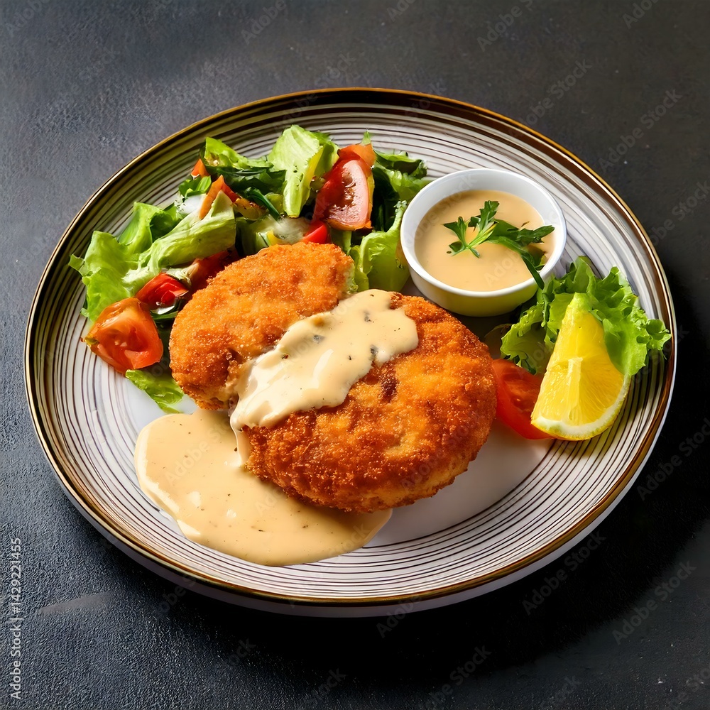 Delicious Crab Cake Served with a Light Sauce and Fresh Salad - A Flavorful Seafood Dish Perfect for Lunch or Dinner
Delicious Crab Cake Served with a Light Sauce and Fresh Salad - A Flavorful Seafood Dish Perfect for Lunch or Dinner