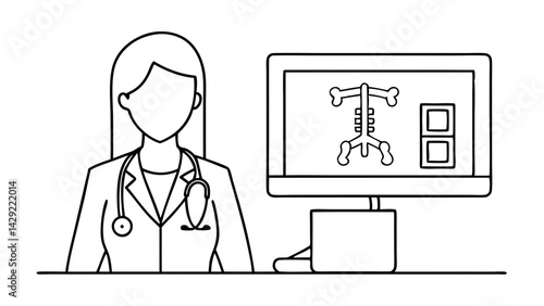 Doctor analyzing X-ray images on a computer screen in a medical examination room illustration