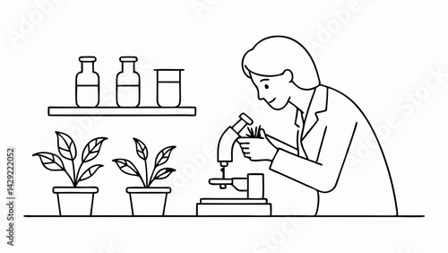 Biologist examining plant specimens under a microscope in a laboratory environment illustration