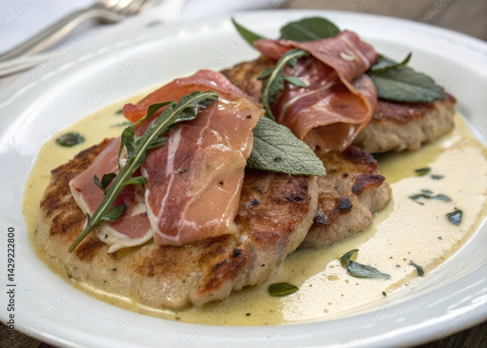 plate of food with meat patties topped with prosciutto, arugula, and yellow sauce. plate of food with meat patties topped with prosciutto, arugula, and yellow sauce.