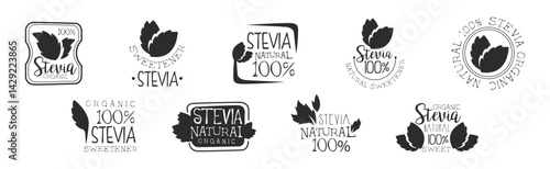 Stevia Natural Logo and Label Black Design Vector Set