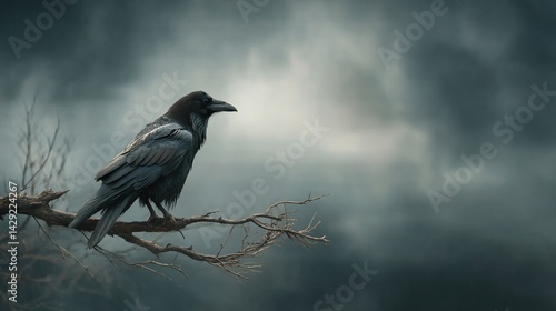 Raven on a Branch, Stormy Sky