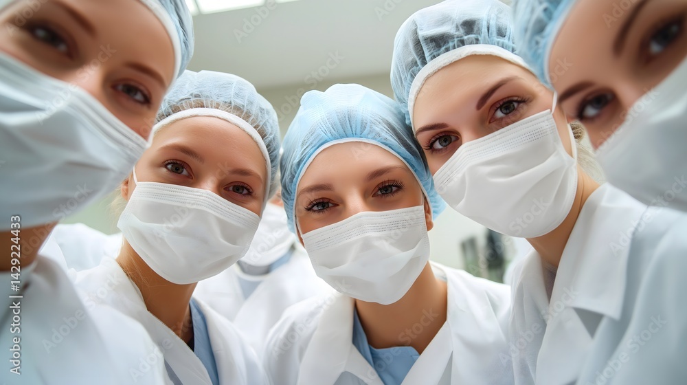 The surgical team joyfully comes together in the operating room to celebrate their success after completing a complicated procedure The surgical team joyfully comes together in the operating room to celebrate their success after completing a complicated procedure