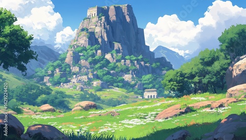 Mountaintop village nestled in a lush valley