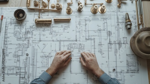 A comprehensive examination of the intricate layout design featuring pipes and brass connectors is currently taking place for an upcoming plumbing project installation
