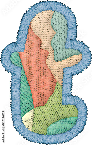 Colorful patchwork embroidery letter lowercase t features unique design with various textile textures