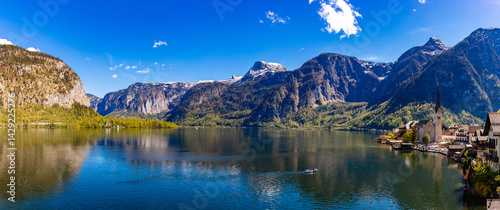 Panorama of Lake Hallstätter See with the town of Hallstatt in the foreground, Austria
