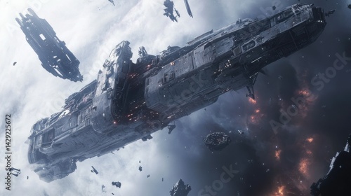 Fototapeta Naklejka Na Ścianę i Meble -  A giant robot destroyed in battle floating in space