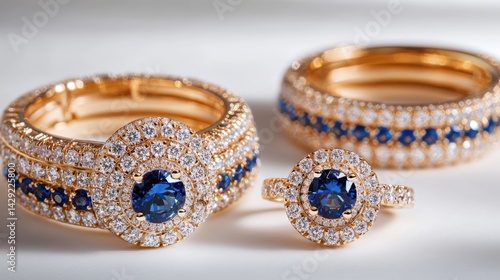 Glamorous gold jewelry set with round diamonds and blue sapphires on earrings, necklace, and matching ring, isolate on white background