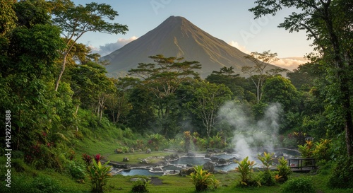 Tropical Rainforest Hot Springs with Volcano View at Sunrise