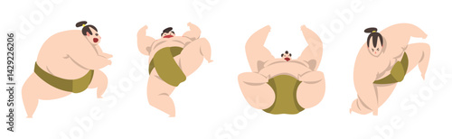 Man Sumo Wrestler Character in Action Pose Vector Set