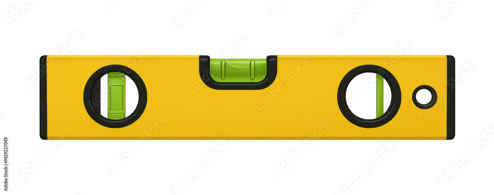 Yellow spirit level indicating a perfectly horizontal alignment, isolated on transparent background