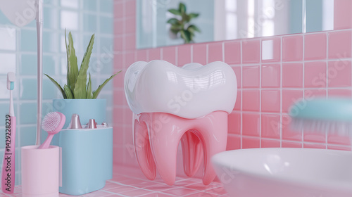 “3D Dental Care Concept with Tooth Model and Pastel Dental Tools – Oral Hygiene Illustration”

