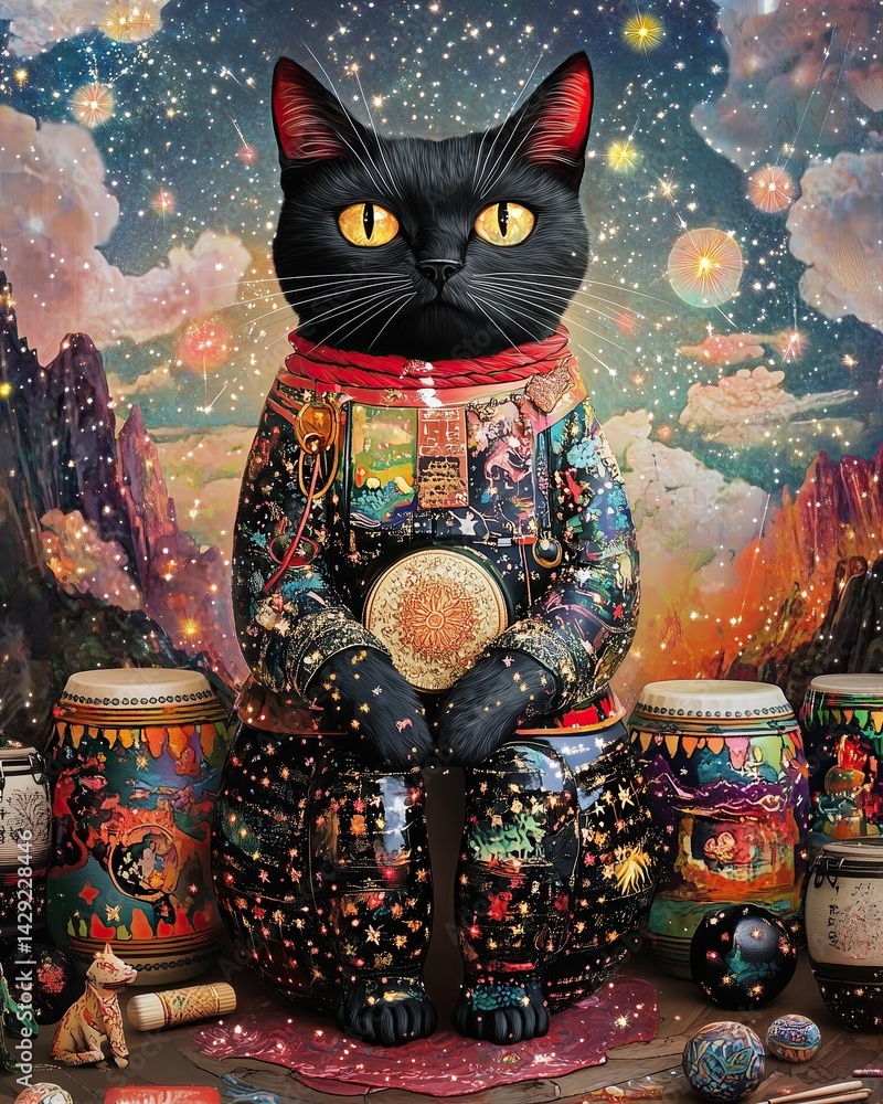 Fototapeta premium Yokai cat floating in deep space while playing musical instruments