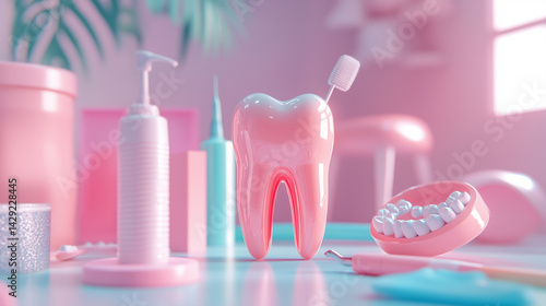 “3D Dental Care Concept with Tooth Model and Pastel Dental Tools – Oral Hygiene Illustration”

