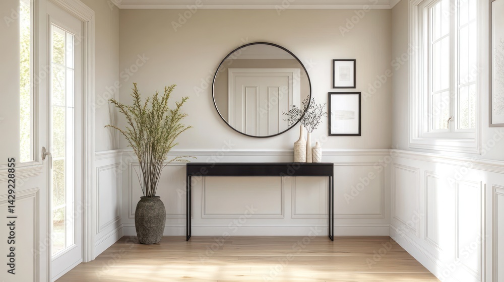 Fototapeta premium Modern entryway console table, mirror, decor. Home interior design