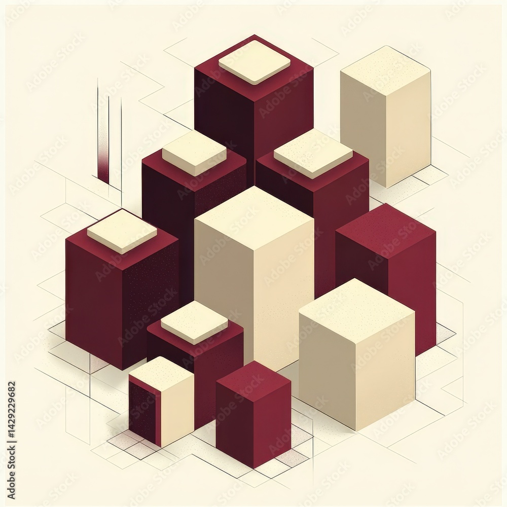 Isometric illustration of maroon and beige cubes in irregular cluster with geometric lines Isometric illustration of maroon and beige cubes in irregular cluster with geometric lines