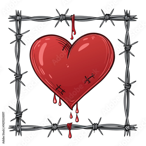 A visceral image depicting a bleeding human heart impaled by nails onto a square frame of barbed wire.  The scene is stark and evokes pain and suffering.