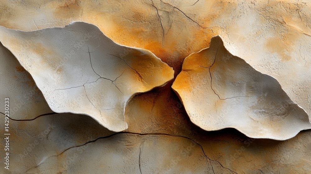 Fototapeta premium Textured clay forms create an abstract display with tones of beige, brown, and orange. The artwork reflects an organic, natural quality, emphasizing the beauty of simple materials