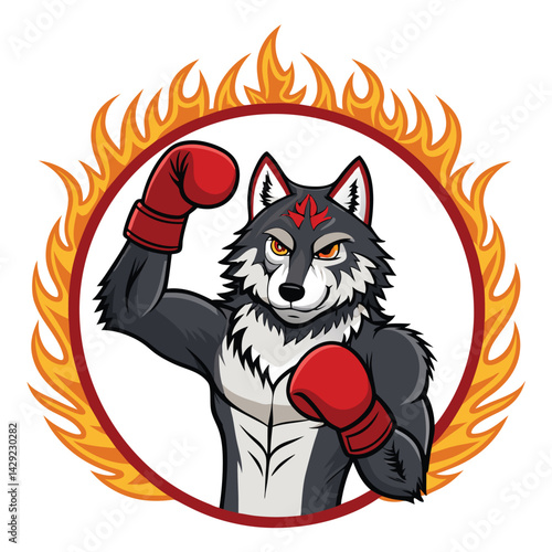Fierce wolf boxer, fur ablaze, powerful stance inside fiery ring frame.  Detailed muscles, intense expression.