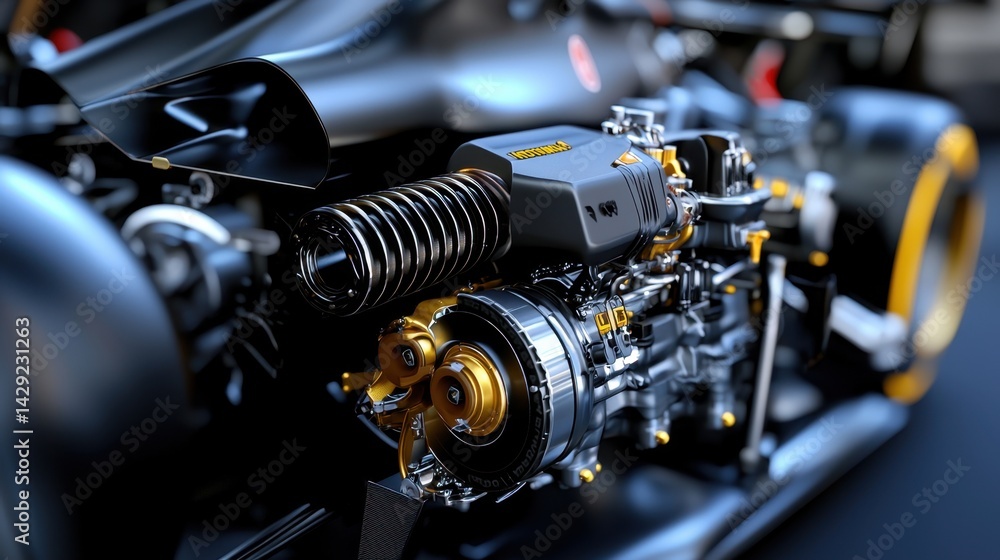 Fototapeta premium This close-up showcases a high-performance racing engine, emphasizing intricate mechanical components and innovative engineering techniques in a competitive motorsport environment