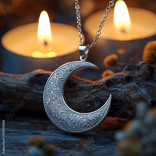 Silver handmade crescent moon pendant high resolution photo