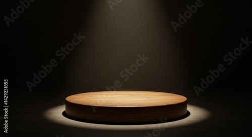 Wooden Display Platform Spotlight - A round wooden platform illuminated by a spotlight, perfect for showcasing products or creating a minimalist display
