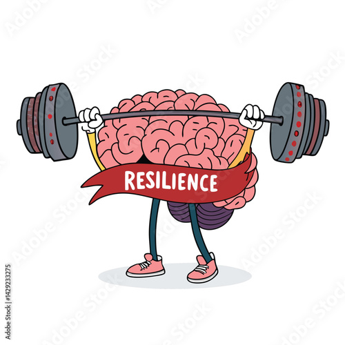 A cartoon brain flexing biceps, lifting pink dumbbells, showcasing resilience.  The word "Resilié" is prominently displayed.