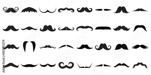 Different moustache silhouettes set. Black hipster, gentleman or barbershop symbols and retro elements. Collection of men's moustaches. Vector illustration on white background.