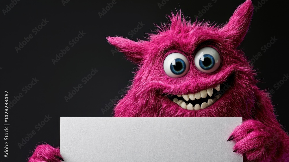 A playful pink furry creature with big round eyes and a wide grin stands in a dark setting holding a blank sign. The soft lighting highlights its vibrant color and fluffy texture A playful pink furry creature with big round eyes and a wide grin stands in a dark setting holding a blank sign. The soft lighting highlights its vibrant color and fluffy texture