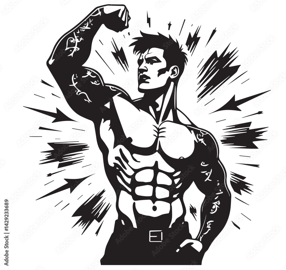 A highly stylized vector illustration of a muscular man flexing his right bicep. He has a confident and heroic expression on his face, looking off into the distance. His physique is exaggerated A highly stylized vector illustration of a muscular man flexing his right bicep. He has a confident and heroic expression on his face, looking off into the distance. His physique is exaggerated
