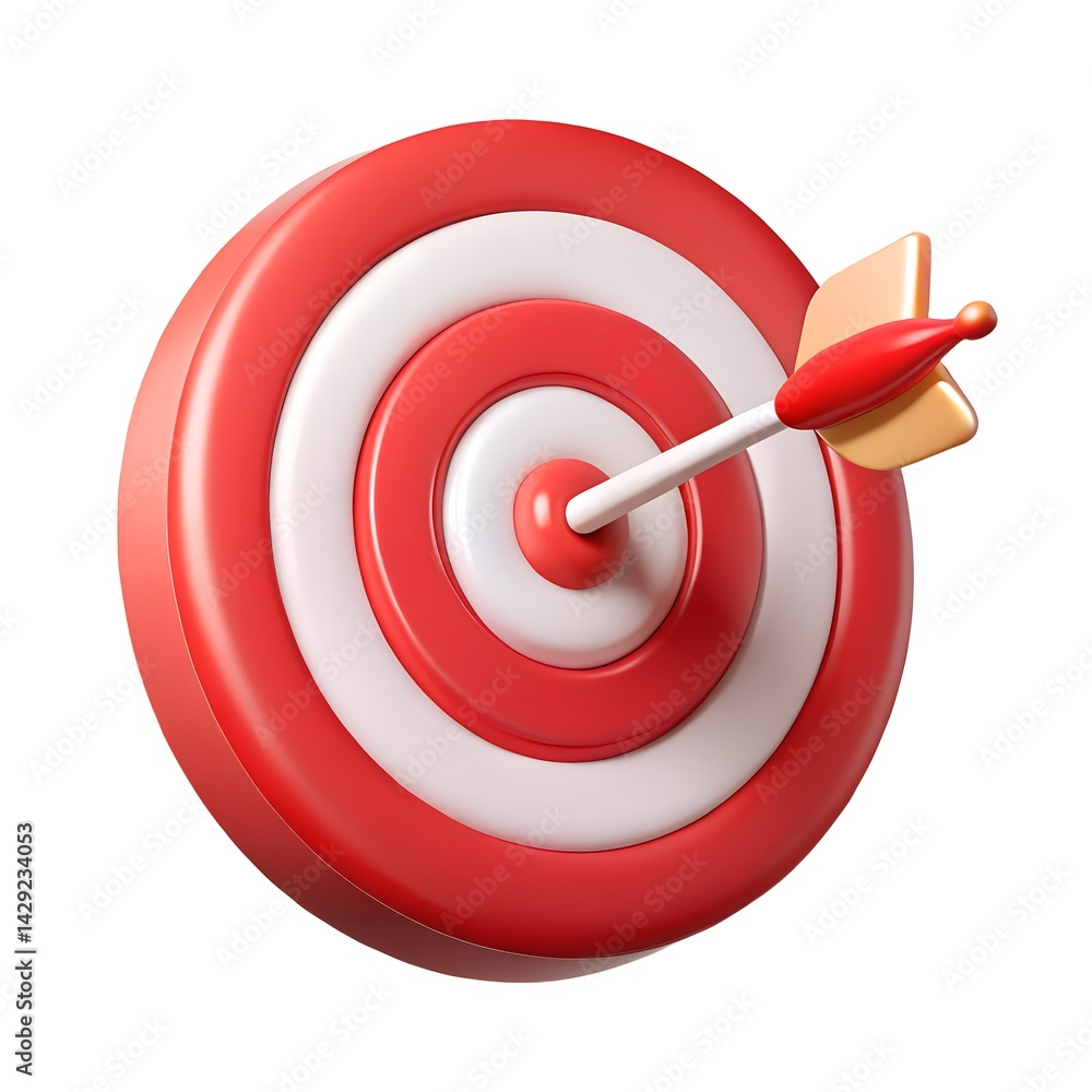 Red and White Target with Arrow in Bulls Eye, 3D Render, Success, Accuracy, Isolated Red and White Target with Arrow in Bulls Eye, 3D Render, Success, Accuracy, Isolated