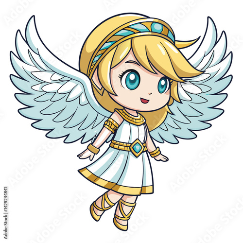 Create a cute chibi angel girl illustration,  featuring large feathered wings forming a frame around her,  with a white, pure aesthetic.