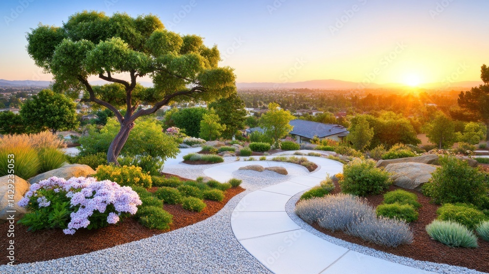 Obraz premium Serene Sunset Landscape With Winding Pathways And Lush Greenery
