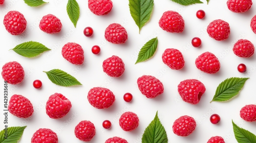 Raspberries and Cranberries Arranged with Leaves on White Raspberries and Cranberries Arranged with Leaves on White