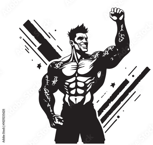 His physique is highly exaggerated, showcasing an intensely chiseled six-pack, defined chest, and massive arms covered in intricate red and black tribal-style tattoos. His shorts are dark, 
