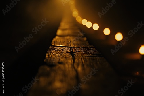 Wooden walkway at night, illuminated by warm lights