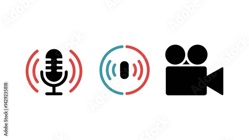 Broadcast Symbols: Illustrative icons representing a microphone, sound wave, and a video camera, evoking the essence of communication and content creation. 