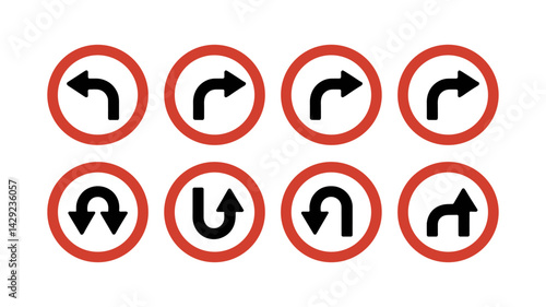 Road Sign Direction Icons: An array of red circular road signs, each bearing a crisp black arrow, precisely indicating various directional turns for safe navigation on the road.
