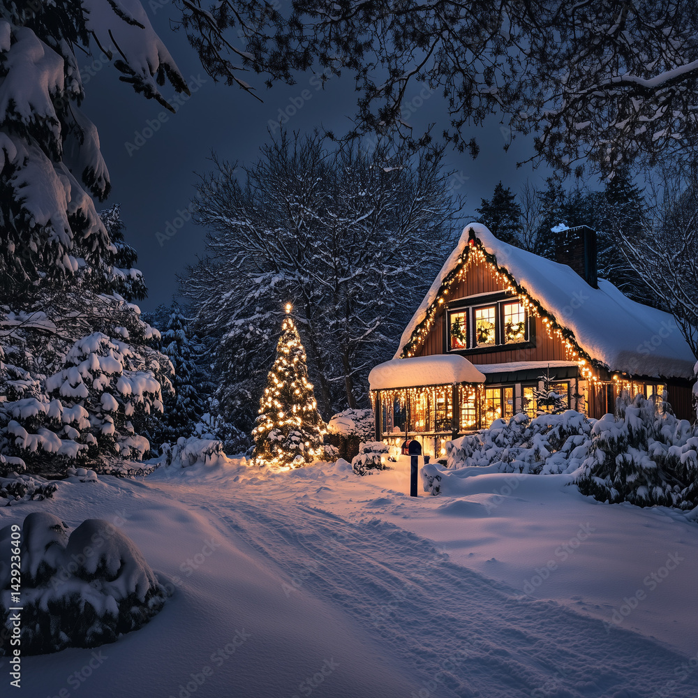 Snow Covered House with Festive Lights at Night Snow Covered House with Festive Lights at Night