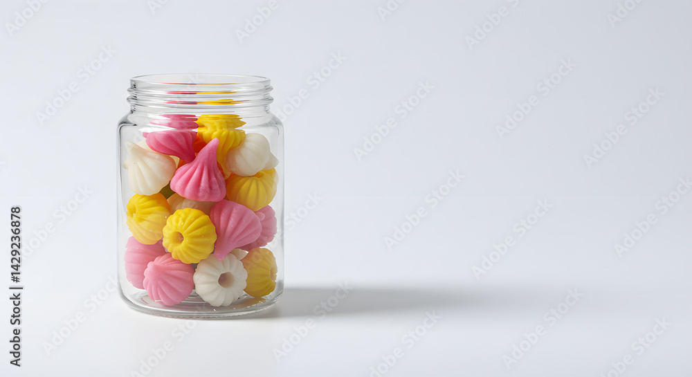 Pastel Alua Candy in Glass Jar, Minimalist White Background Pastel Alua Candy in Glass Jar, Minimalist White Background