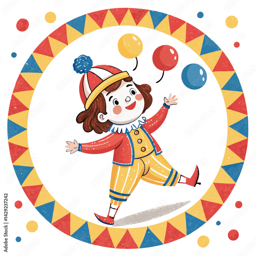 A cute chibi-style clown girl with bright, oversized clothes juggles colorful balls in a vibrant circus setting. Focus on her cheerful expression. A cute chibi-style clown girl with bright, oversized clothes juggles colorful balls in a vibrant circus setting. Focus on her cheerful expression.