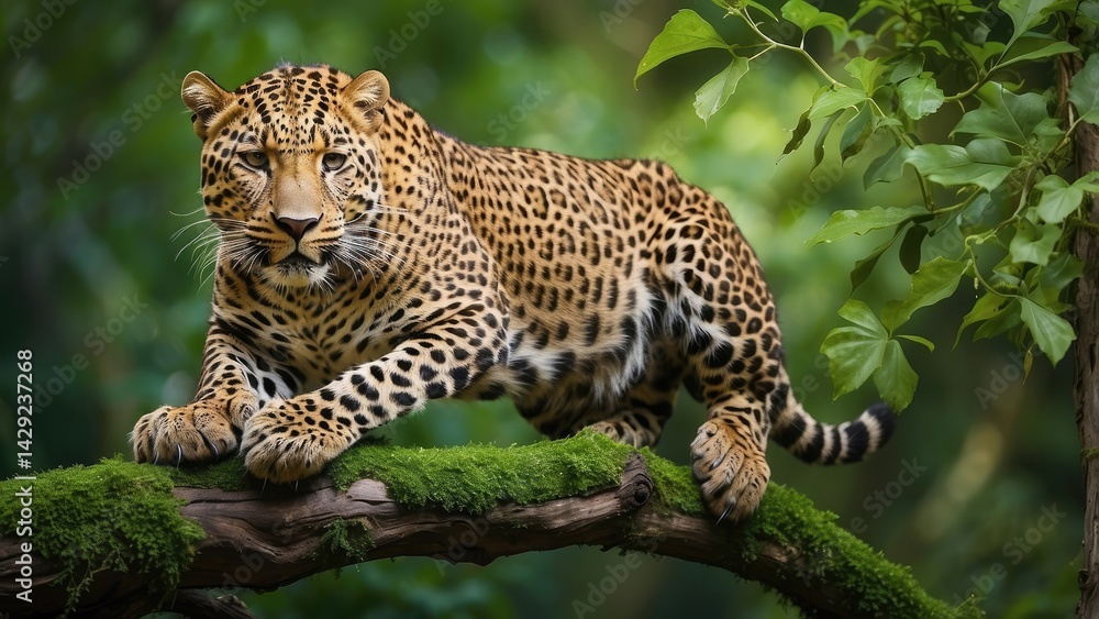 Obraz premium Leopard Walking Down Tree in Jungle Wildlife Scene