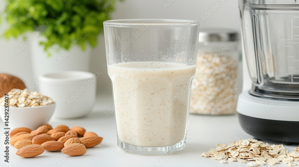 Bright kitchen counter setup for making fresh almond milk with oats and almonds Bright kitchen counter setup for making fresh almond milk with oats and almonds