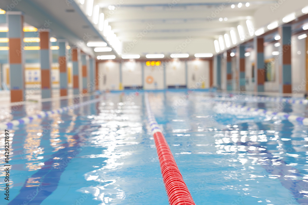 Swimming pool with clean water and lane dividers indoors, closeup
