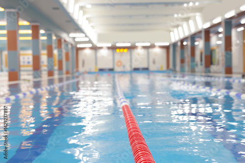Obraz na płótnie Swimming pool with clean water and lane dividers indoors, closeup w salonie