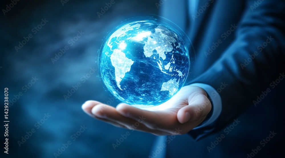 Professional Businessman Pointing at Digital World Map on Screen with Virtual Global Network Concept in Dark Blue Background.Generative AI Professional Businessman Pointing at Digital World Map on Screen with Virtual Global Network Concept in Dark Blue Background.Generative AI
