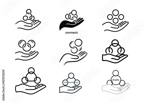 Hands Holding Abstract Figures Minimalist Icons Simple Line Drawings Symbolizing Care, Human Relationships, Family and Community Concepts"