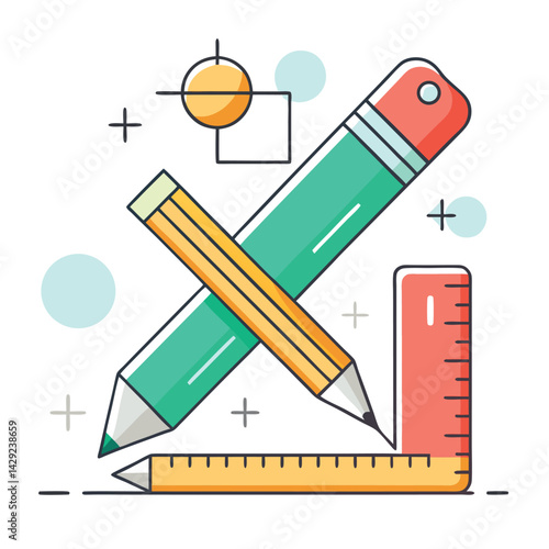 Colorful Stationery Icon Set – Pencil, Ruler, Eraser, Pen, Art Tools